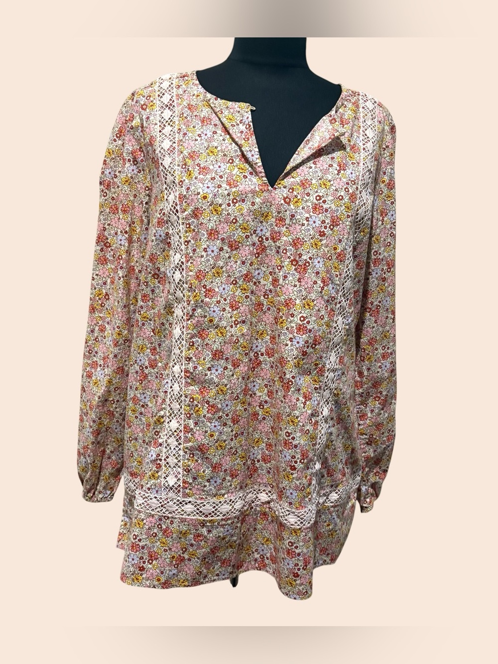 Lands' End Floral Split-V Tunic in Pink and Yellow